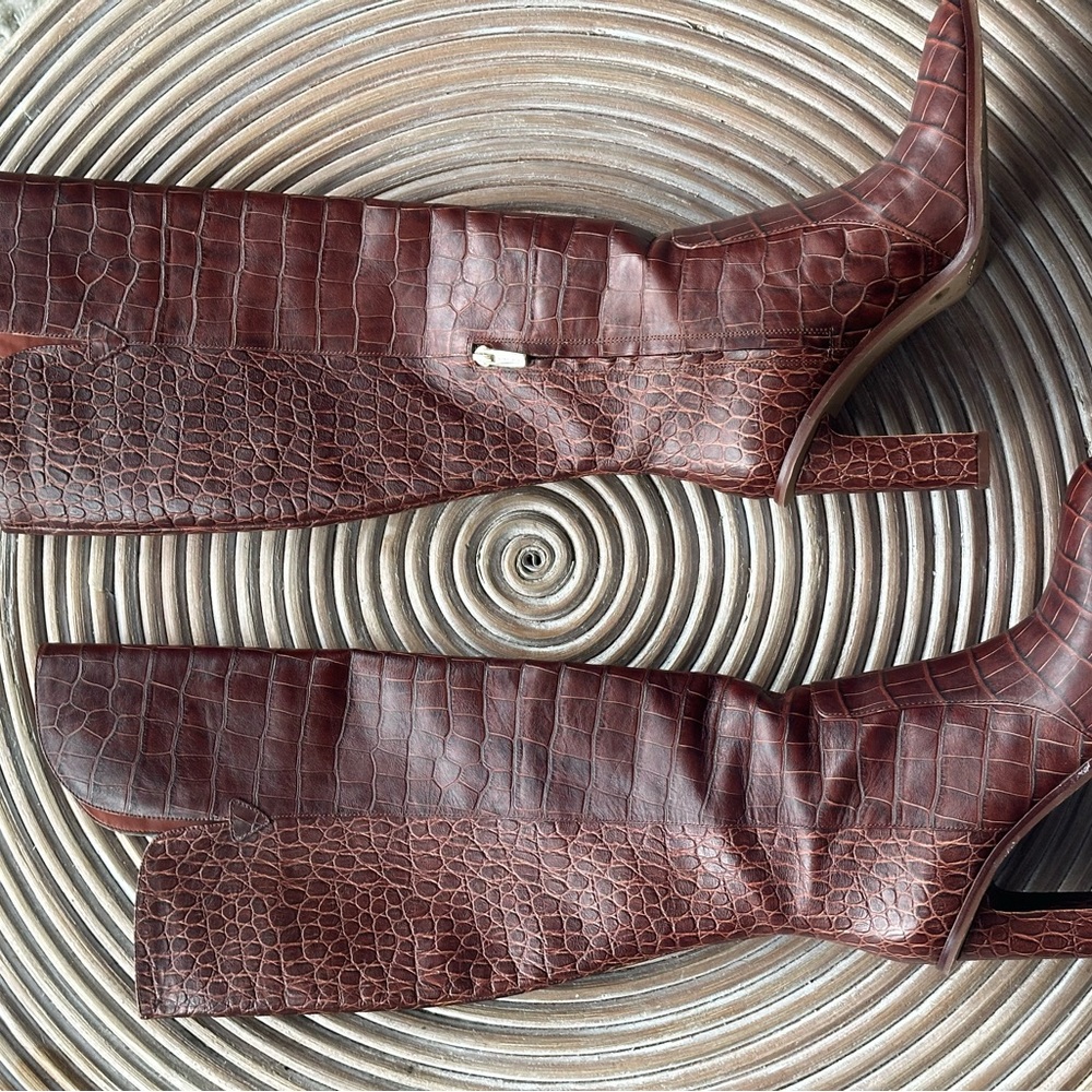 Croc-Embossed Brown Leather Boots